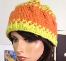 Hand Knit Hat Beanie Designer Style Fashion Hip Fun Ski Winter Young Orange Lime