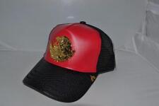Mexico Snapback Trucker Hat Black Pu Leather Gold Badge Black Red Mesh Back New