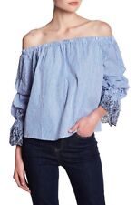 Nwt Astr The Label Off-the-shoulder Stripe Embroidered Ruched Sleeve Blouse Xl