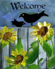 Welcome Sunflower Garden Folk Art Country Pair Black Crows Art Print