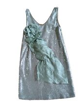 April May Silver Sequin Unique Chiffon Ruffle Bow Shift Party Dress, Size Xs