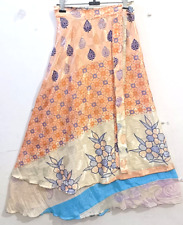 Femme Bleu Floral Soie Cravate Taille Indien Boho Boho Sari Wrap Jupe Taille Xl
