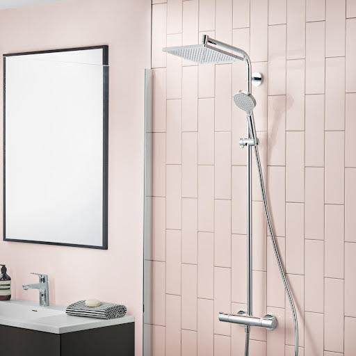 hansgrohe crometta e showerpipe 240 ecosmart with thermostatic mixer shower chrome - 27281000 red