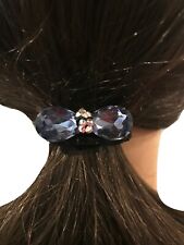 New Small Sapphire Bow Crystal Ponytail Black Elastic Band