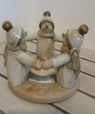 New Vtg Ring Of 3 Snowmen Holding Hands Tea Light Votive Candle Holder Pottery 