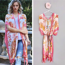 Ntw Nostalgia Pink Orange White Boho Floral Print Kimono Cover Up One Size